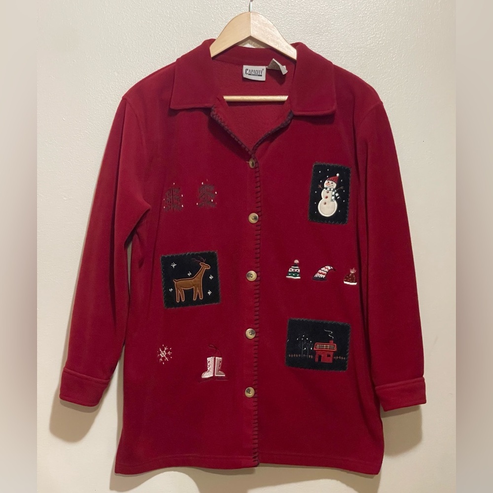 Vintage Red Christmas Cardigan with Embroidered Accents - Picture 1 of 4